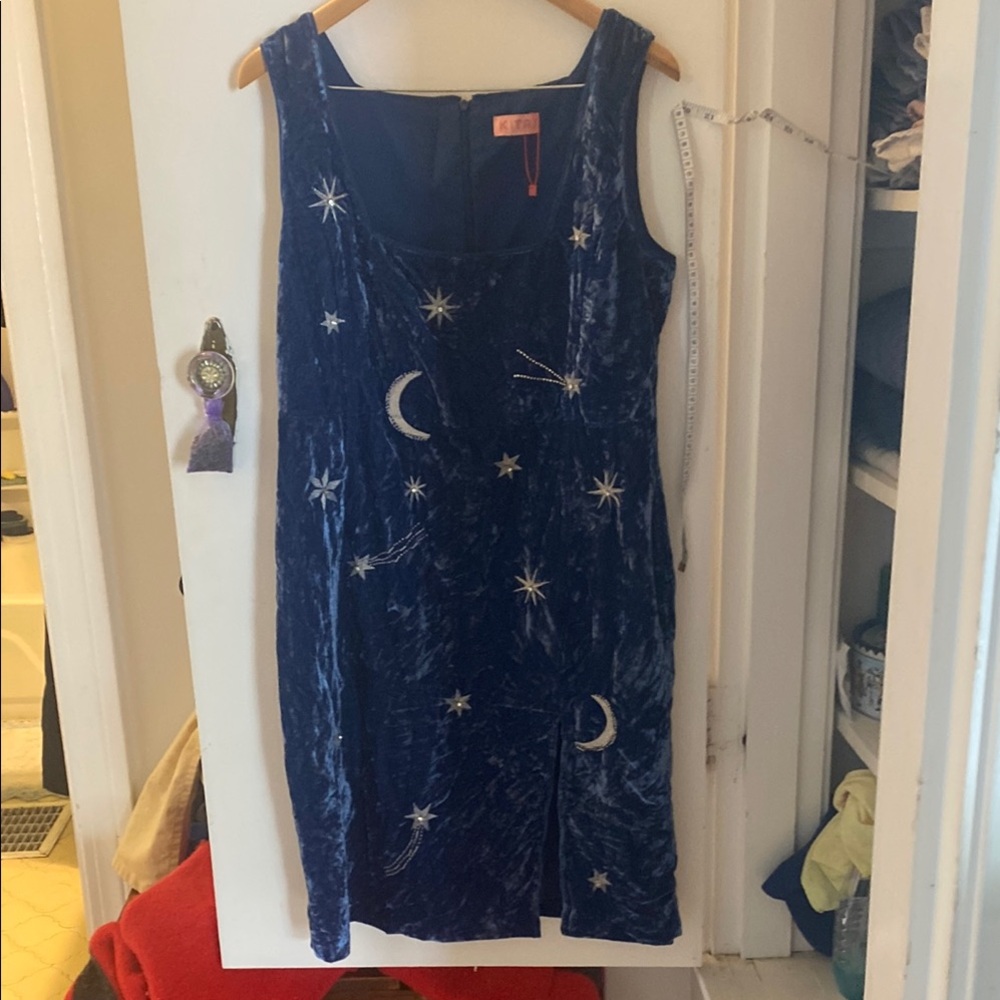 Kitri Blue Velvet Dress with Star Embroidery